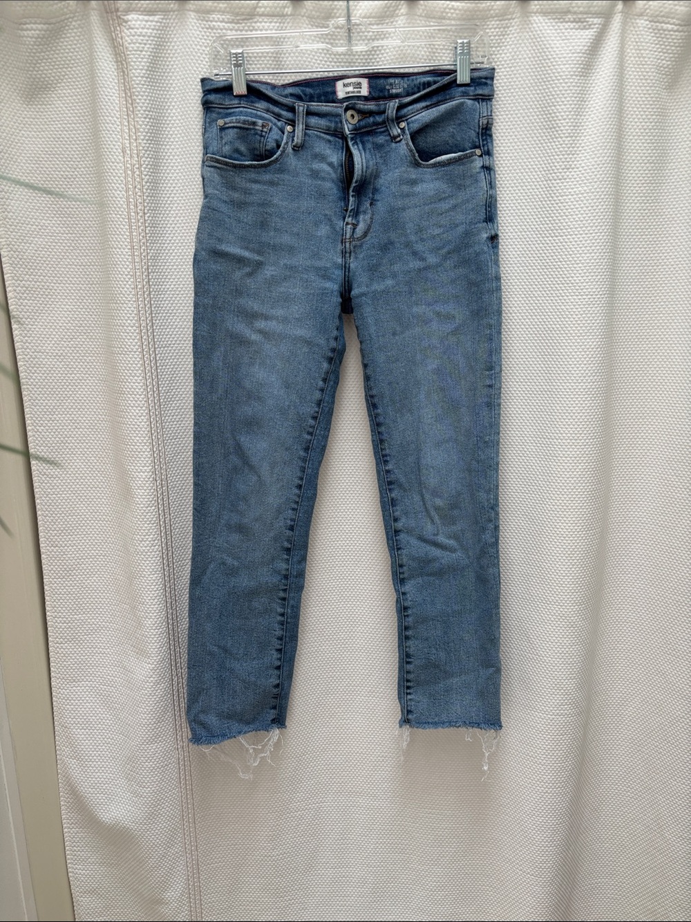 Kensie Medium Blue Cropped Raw-Hem Straight Leg Jeans